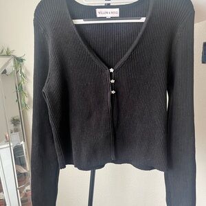 Black Ribbed Cardigan with Floral Buttons